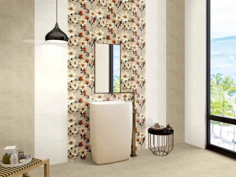 small-bathroom design with beige tiles